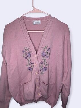 Vintage Dunedin Pink Embroidered Cardigan Sweater Cottagecore